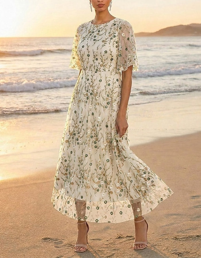 Dark Green Illusion Round Neck Short Sleeve Sequin Mesh A-Line Midi Dress