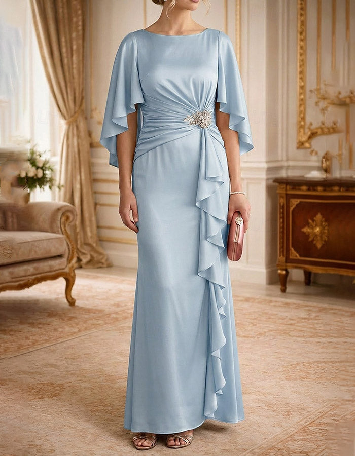 Champagne Boat Neck Flutter Sleeve Satin Mermaid Maxi Dress