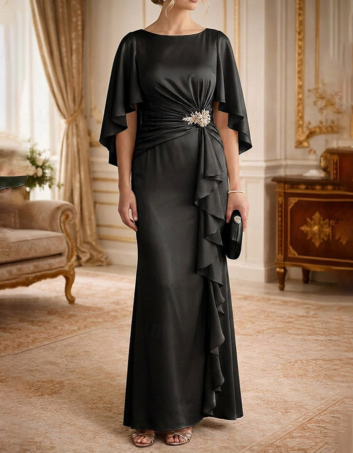 Champagne Boat Neck Flutter Sleeve Satin Mermaid Maxi Dress