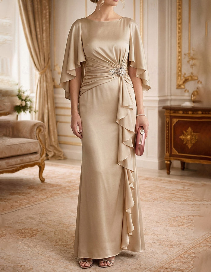 Champagne Boat Neck Flutter Sleeve Satin Mermaid Maxi Dress