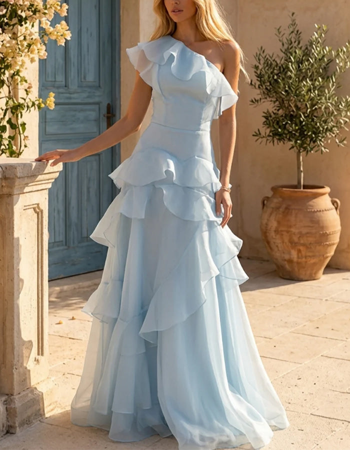 One Shoulder Single Ruffle Tiered Multi Layer Chiffon Maxi Dress