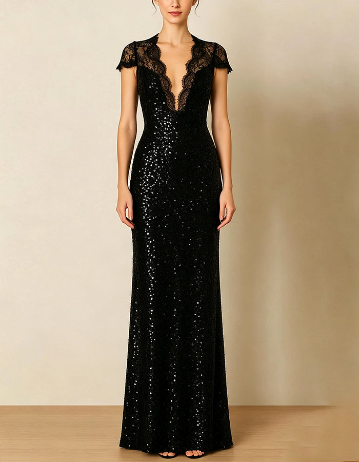 Solid Color Sequined Floral Lace Short Sleeved Maxi Dress