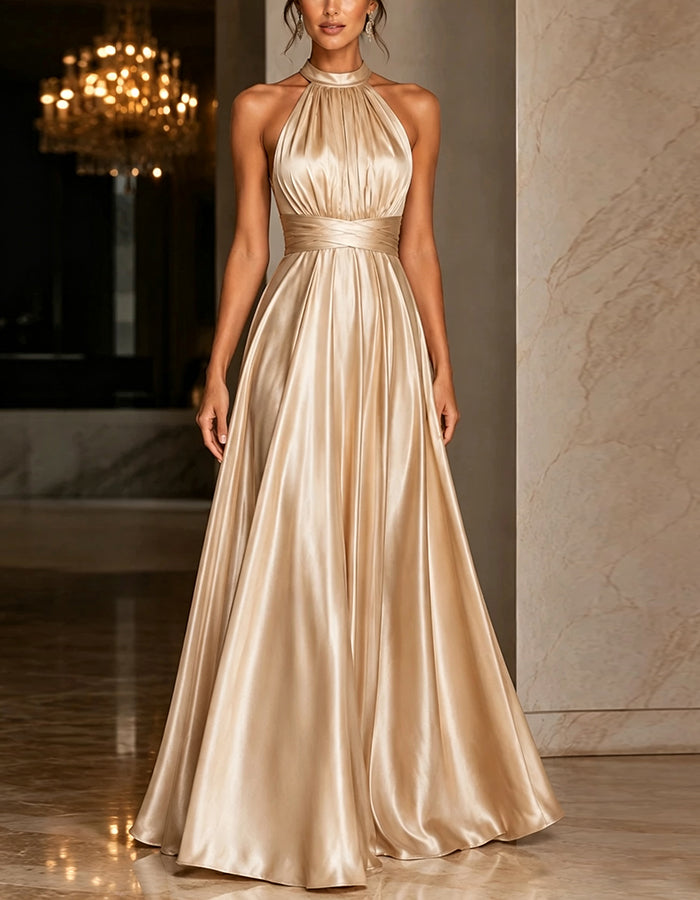 Champagne Satin Halter Neck Maxi Dress