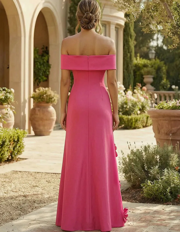 Vestido maxi sereia com ombros descobertos, laço na cintura e flores 3D
