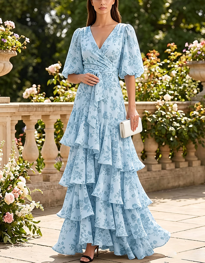 Light Blue V Puff Sleeve Wrap Tie Waist Tiered Ruffle Chiffon Maxi Dress