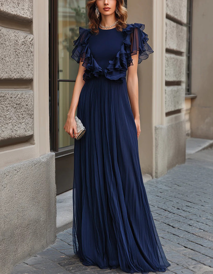 Navy Blue Round Neck Ruffle Cap Sleeve Chiffon Maxi Dress