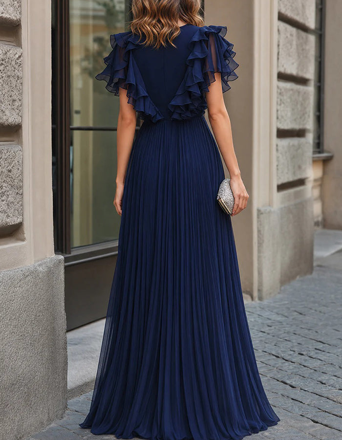 Rochie maxi din chiffon albastru închis cu guler rotund, volane și mâneci scurte tip capă