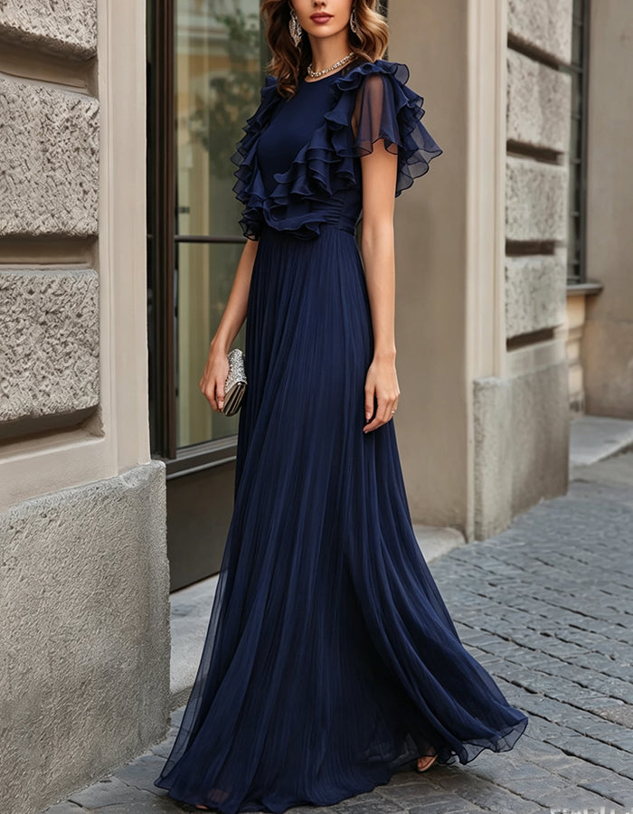 Navy Blue Round Neck Ruffle Cap Sleeve Chiffon Maxi Dress
