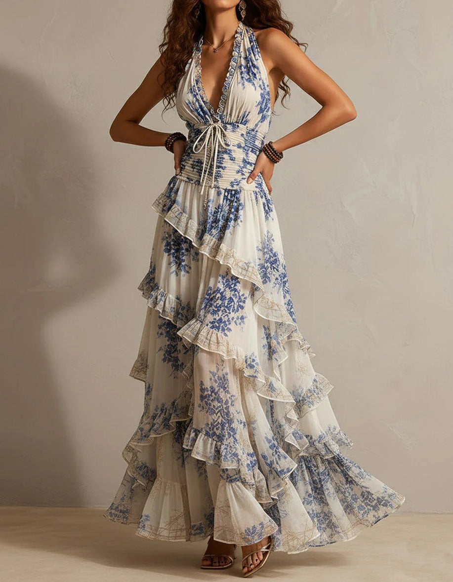 Greyish Blue Floral Print Halter Open Back Tiered Chiffon Maxi Dress