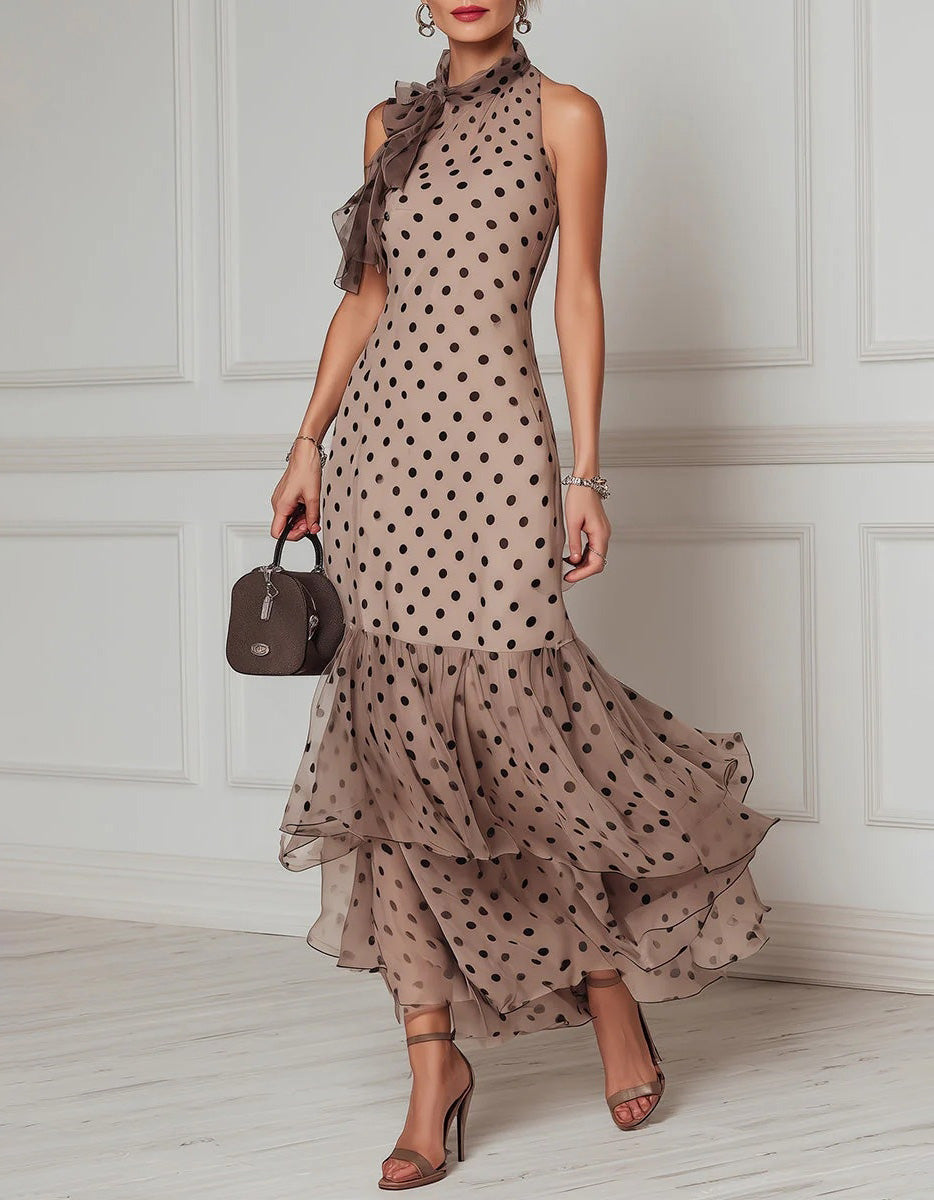 Light Taupe Dark Polka Dot Chiffon Tie Neck Layer Ruffle Maxi Dress