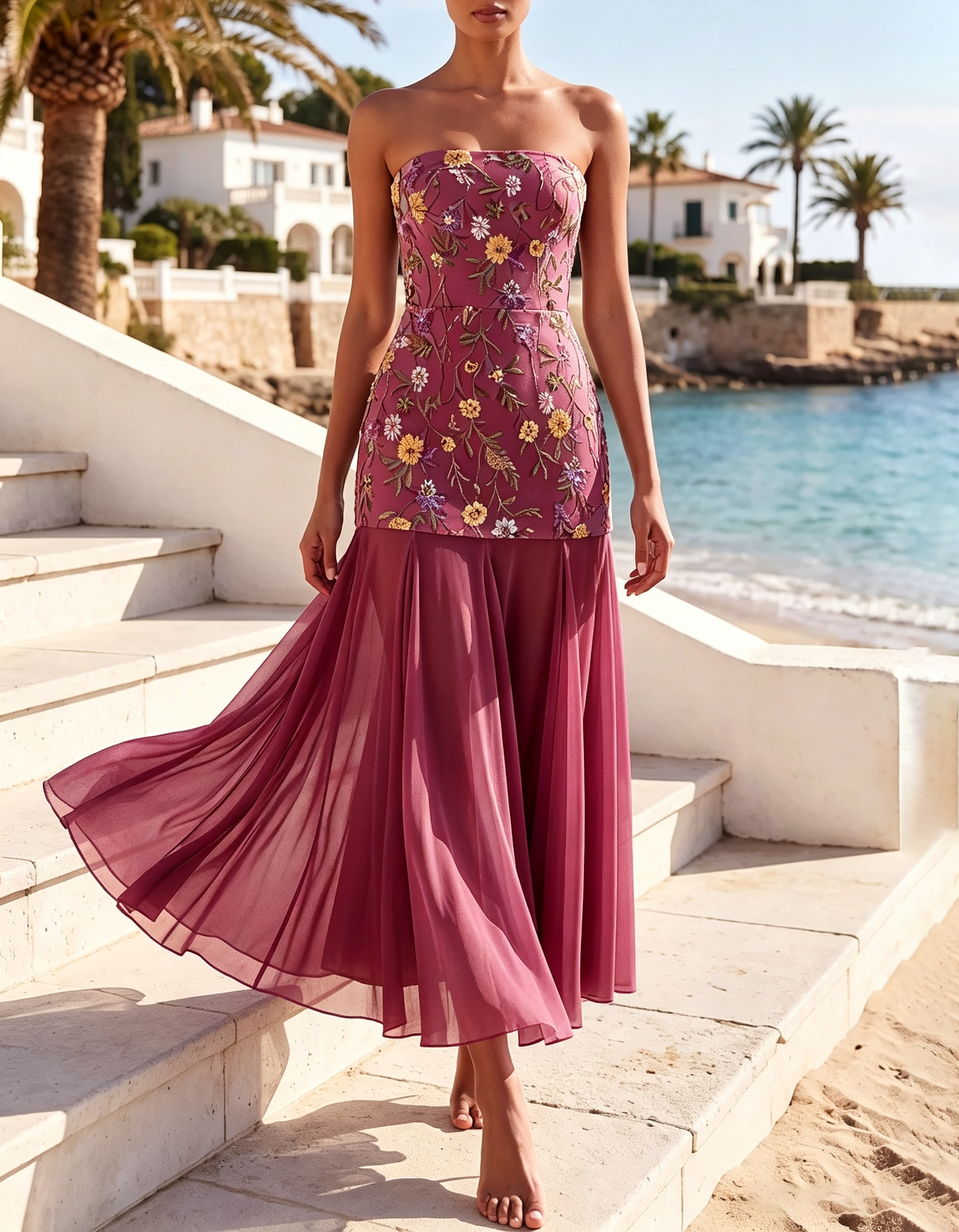 Strapless Floral Embroidery Lace Up Back Chiffon Maxi Dress