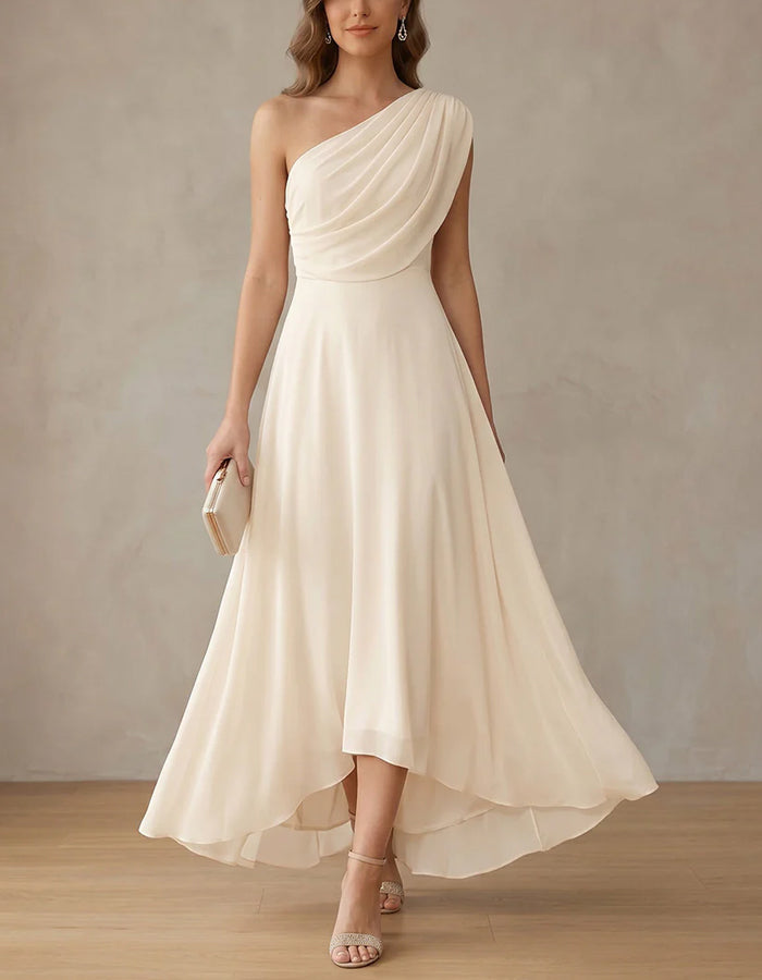Cream Colored Chiffon Asymmetrical One Shoulder Maxi Dress