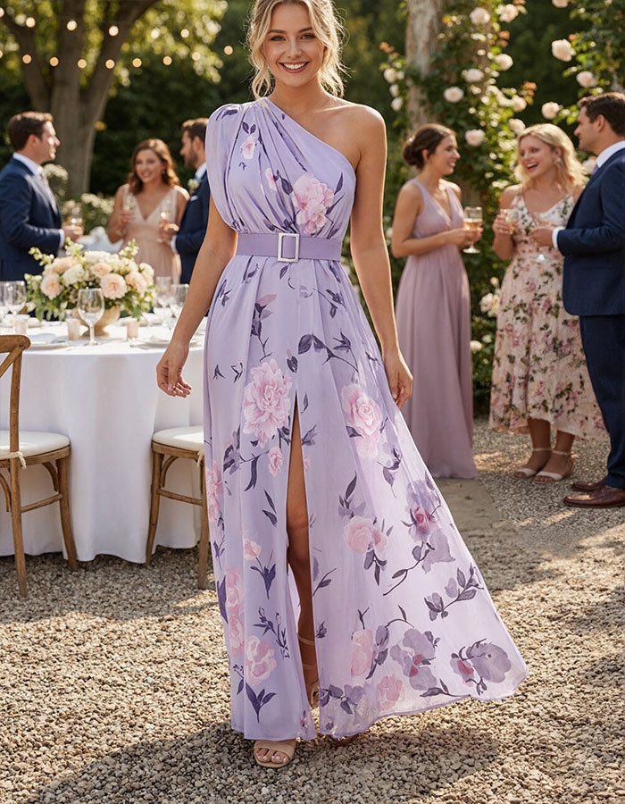 Robe longue en mousseline lavande à une épaule imprimée  