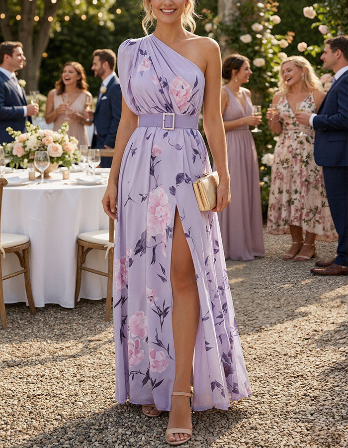 Robe longue en mousseline lavande à une épaule imprimée  