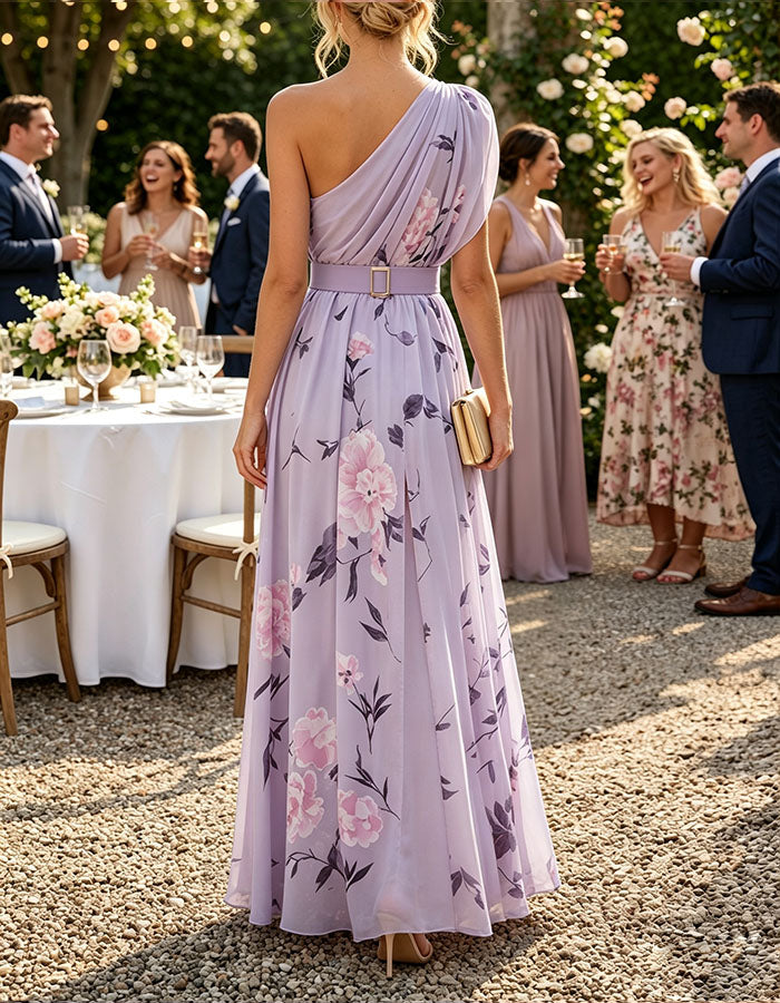 Robe longue en mousseline lavande à une épaule imprimée  