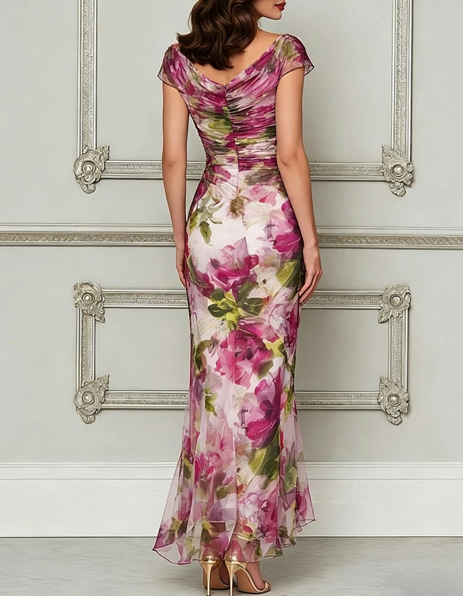 Rosa-pinkes Chiffon-Maxikleid mit Blumenmuster, schulterfrei und Fischschwanz