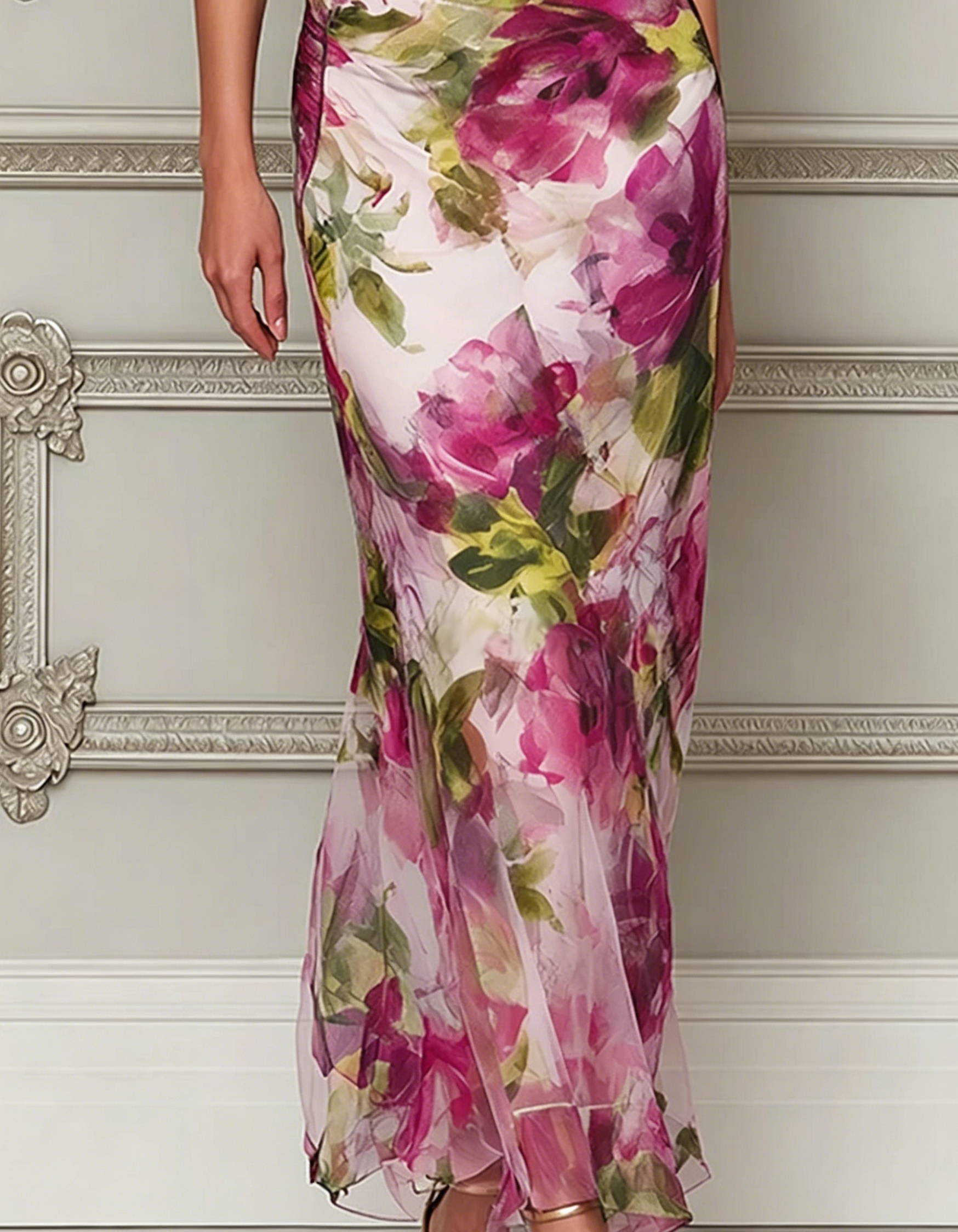 Rosa-pinkes Chiffon-Maxikleid mit Blumenmuster, schulterfrei und Fischschwanz