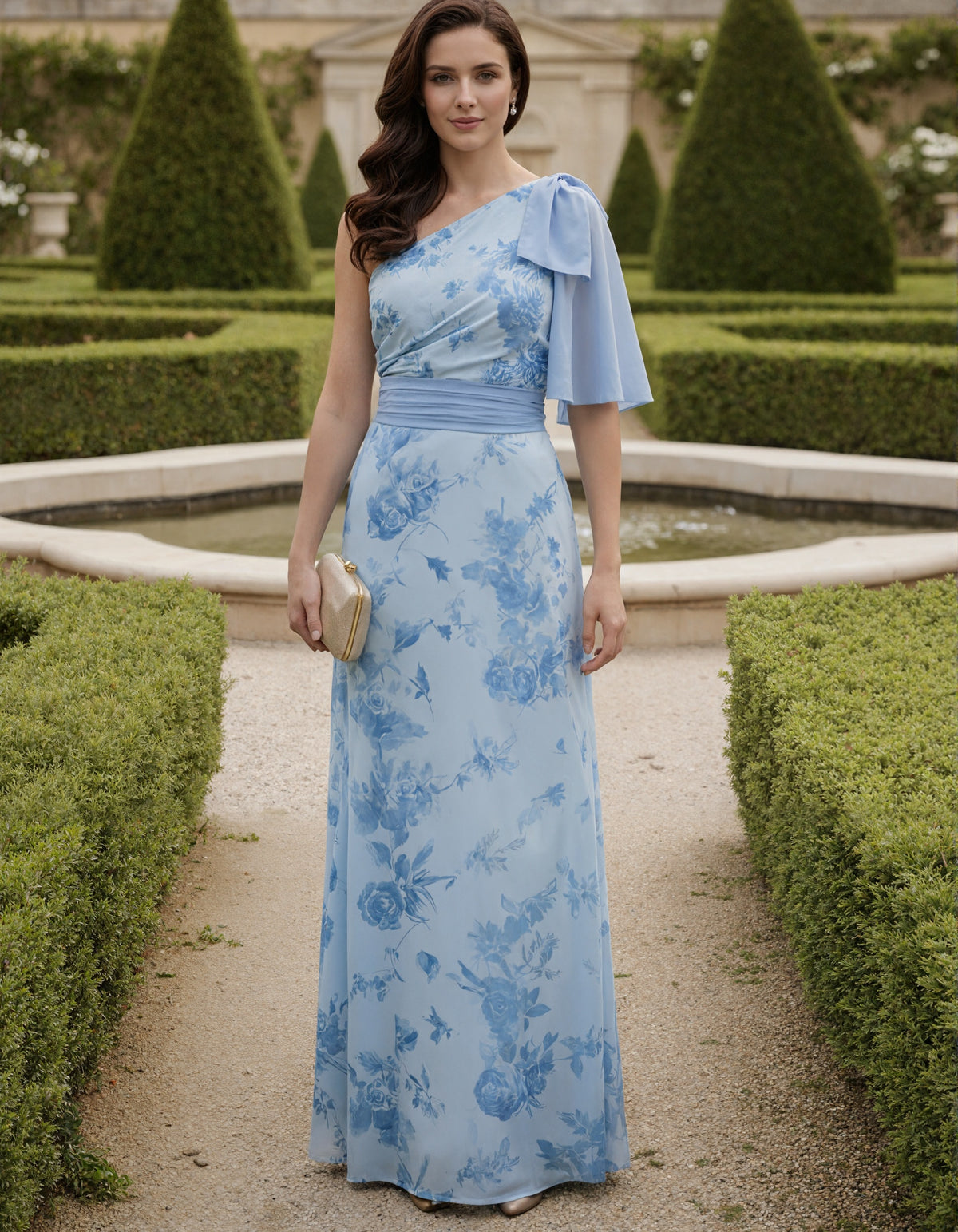 Rochie maxi din șifon albastru cer cu imprimeu floral de trandafiri acuarelă