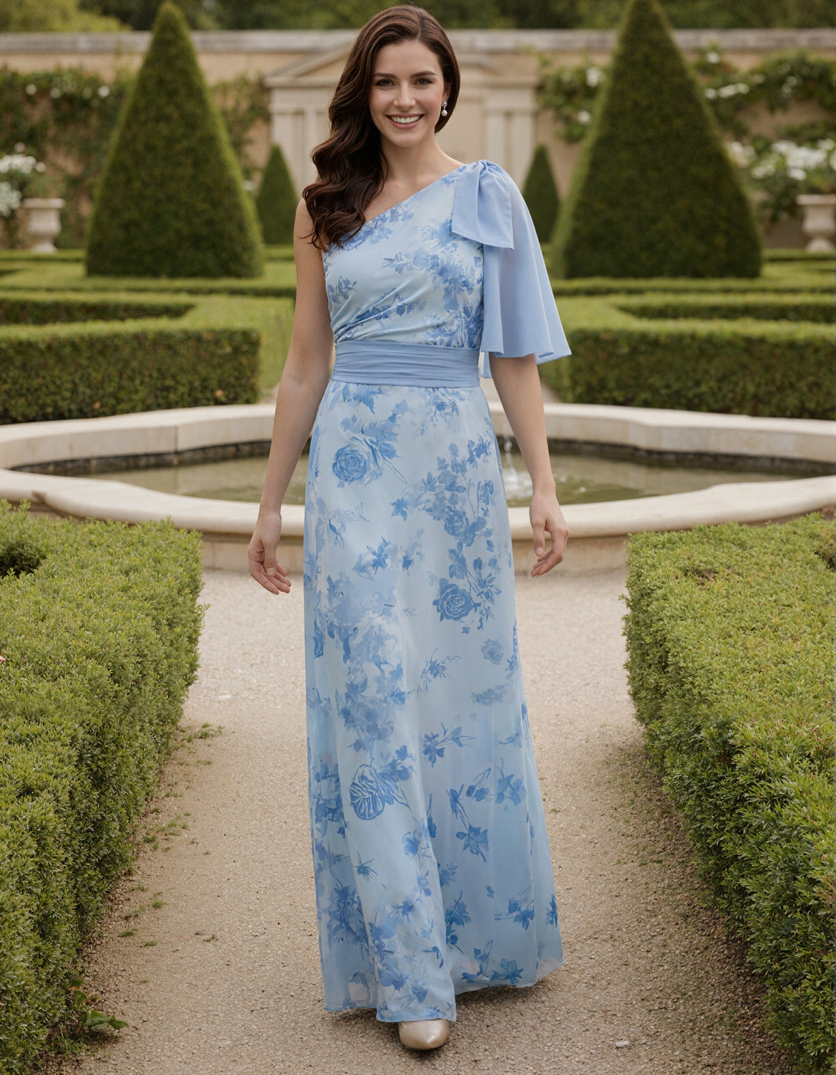 Rochie maxi din șifon albastru cer cu imprimeu floral de trandafiri acuarelă
