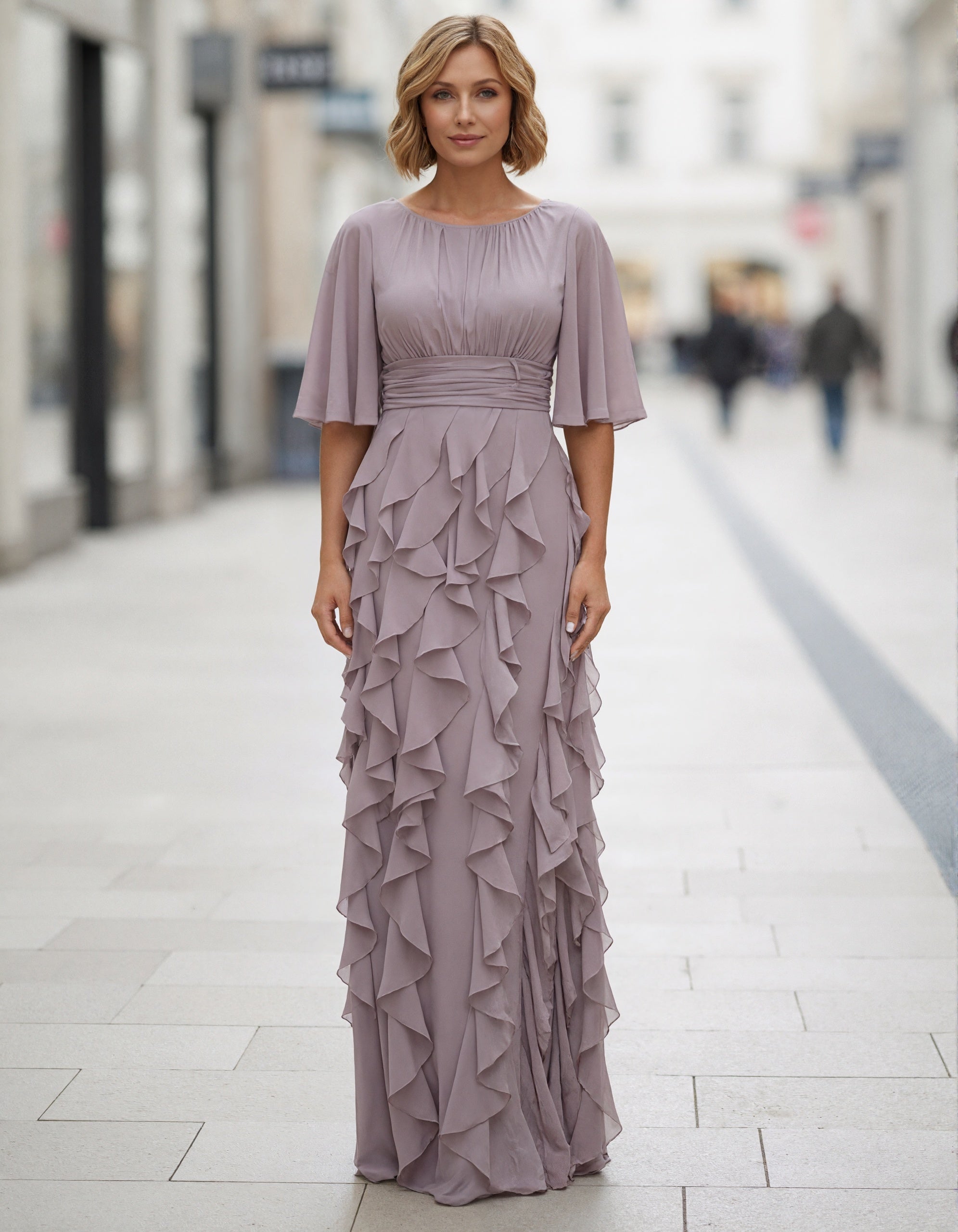 Grayish Purple Chiffon Round Neck Maxi Dress