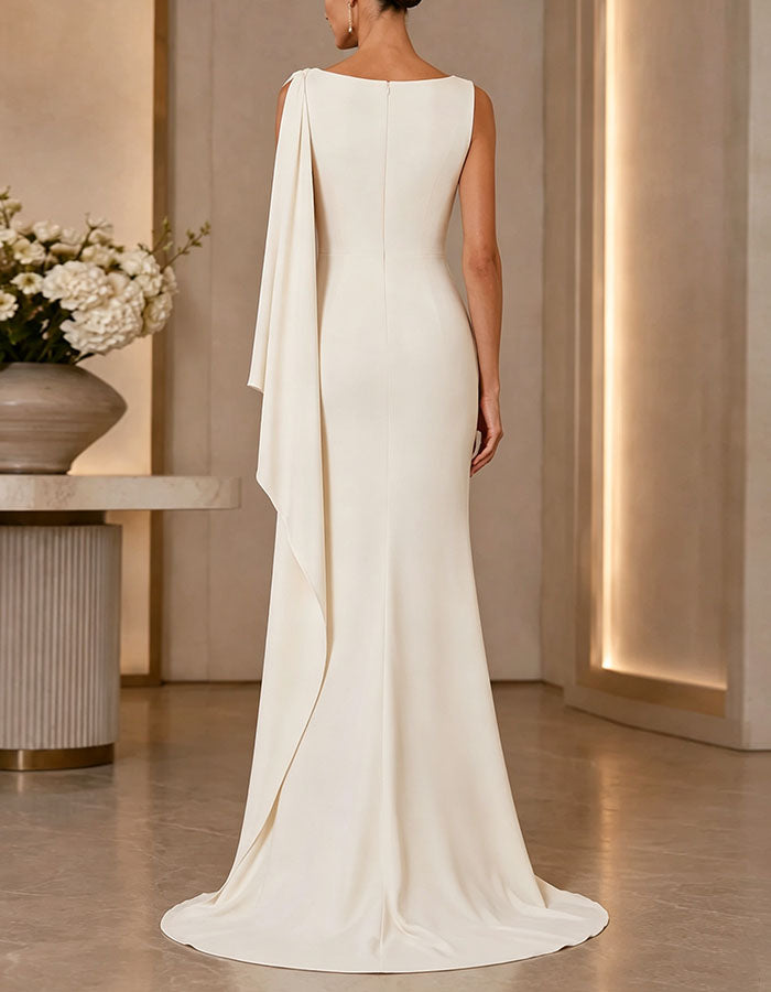 White Boat Neck Asymmetrical Draped Shoulder Strap Maxi Dress