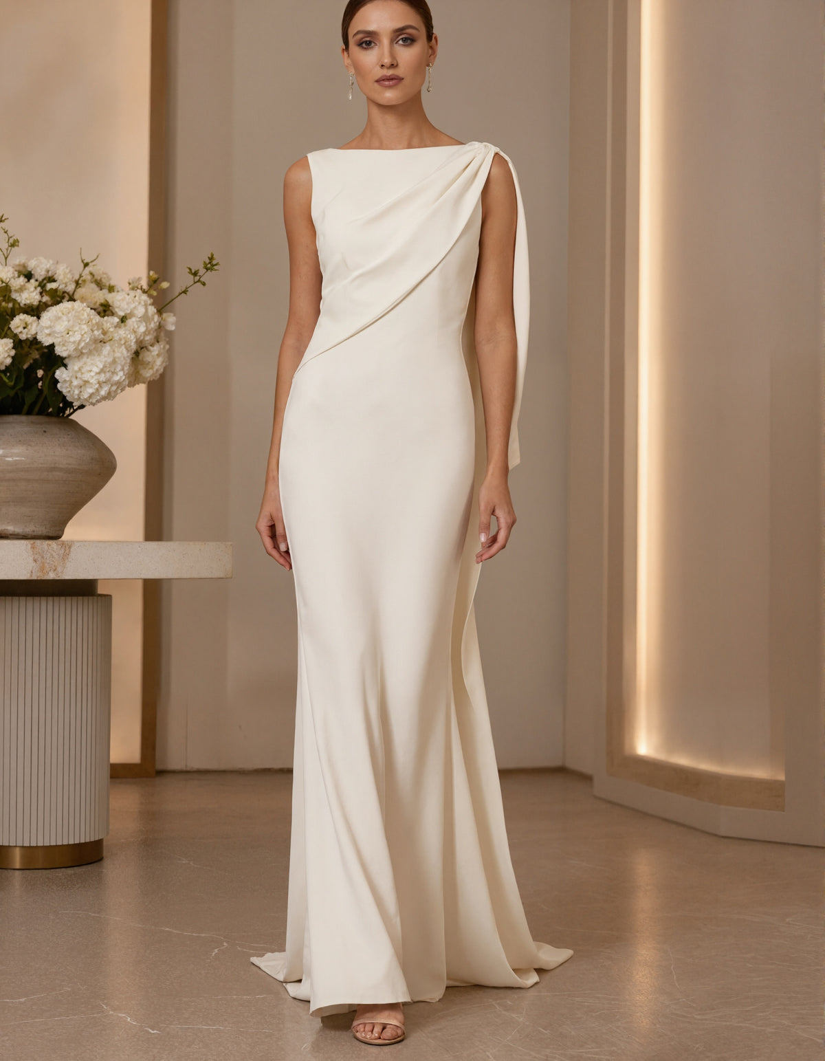 White Boat Neck Asymmetrical Draped Shoulder Strap Maxi Dress