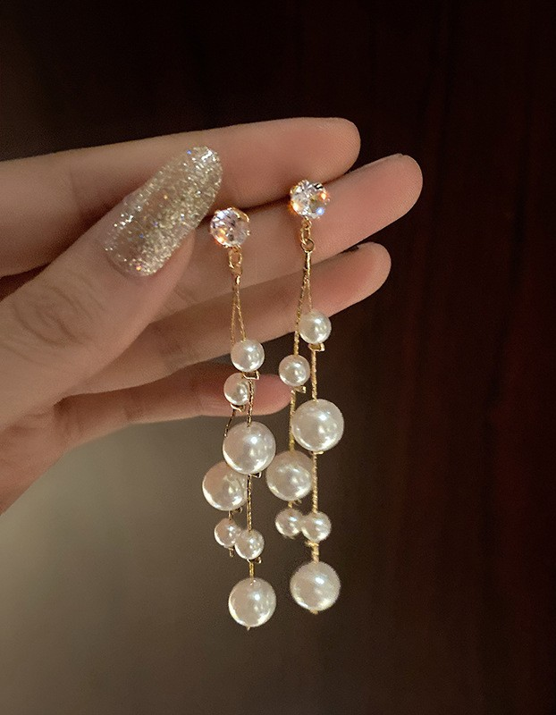 Gold Chain Long Pearl Dangle Earrings