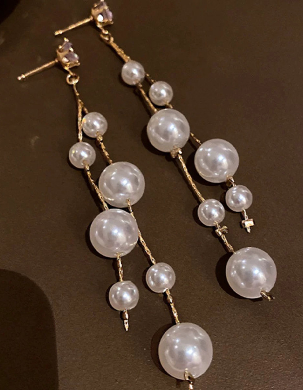 Gold Chain Long Pearl Dangle Earrings