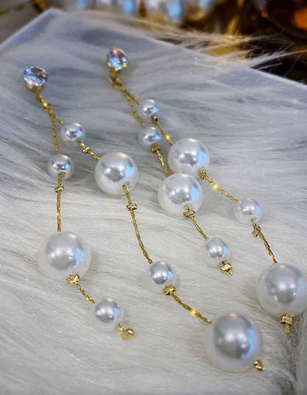 Gold Chain Long Pearl Dangle Earrings