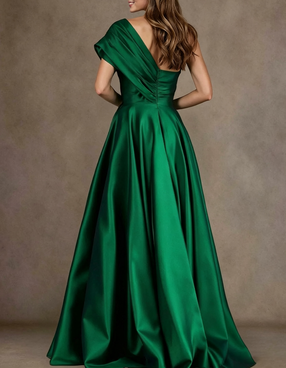 שמלת ערב מקסי סאטן עם כתף אחת Draped, פפיון במותן וחריץ צדדי