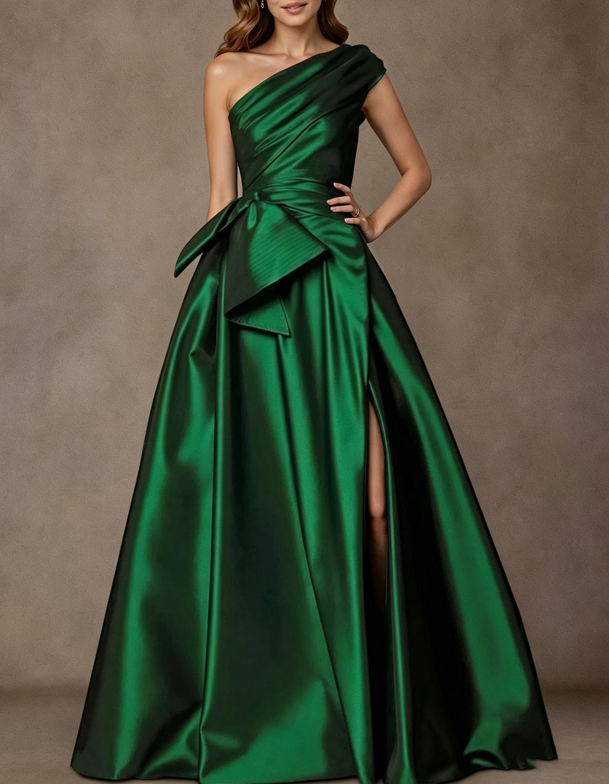 שמלת ערב מקסי סאטן עם כתף אחת Draped, פפיון במותן וחריץ צדדי