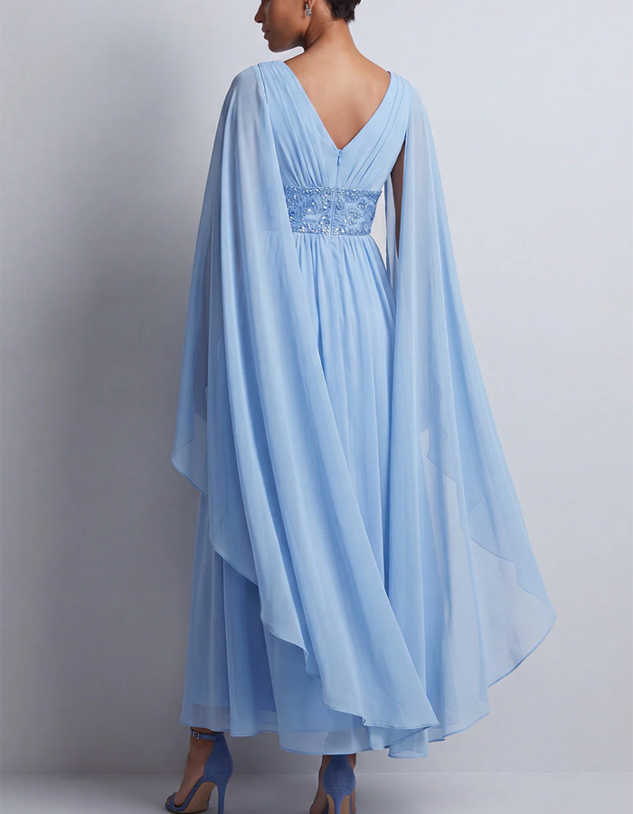 V-neck Cape-sleeve Chiffon Maxi Dress
