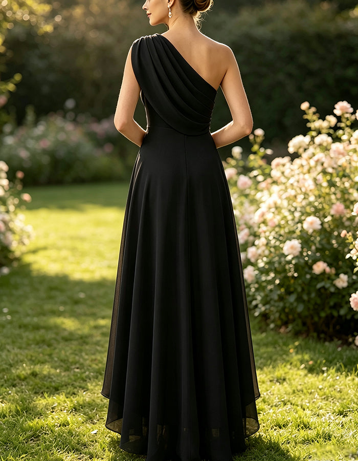 One Shoulder Draped Neck Irregular High Low Hem Chiffon Midi Dress