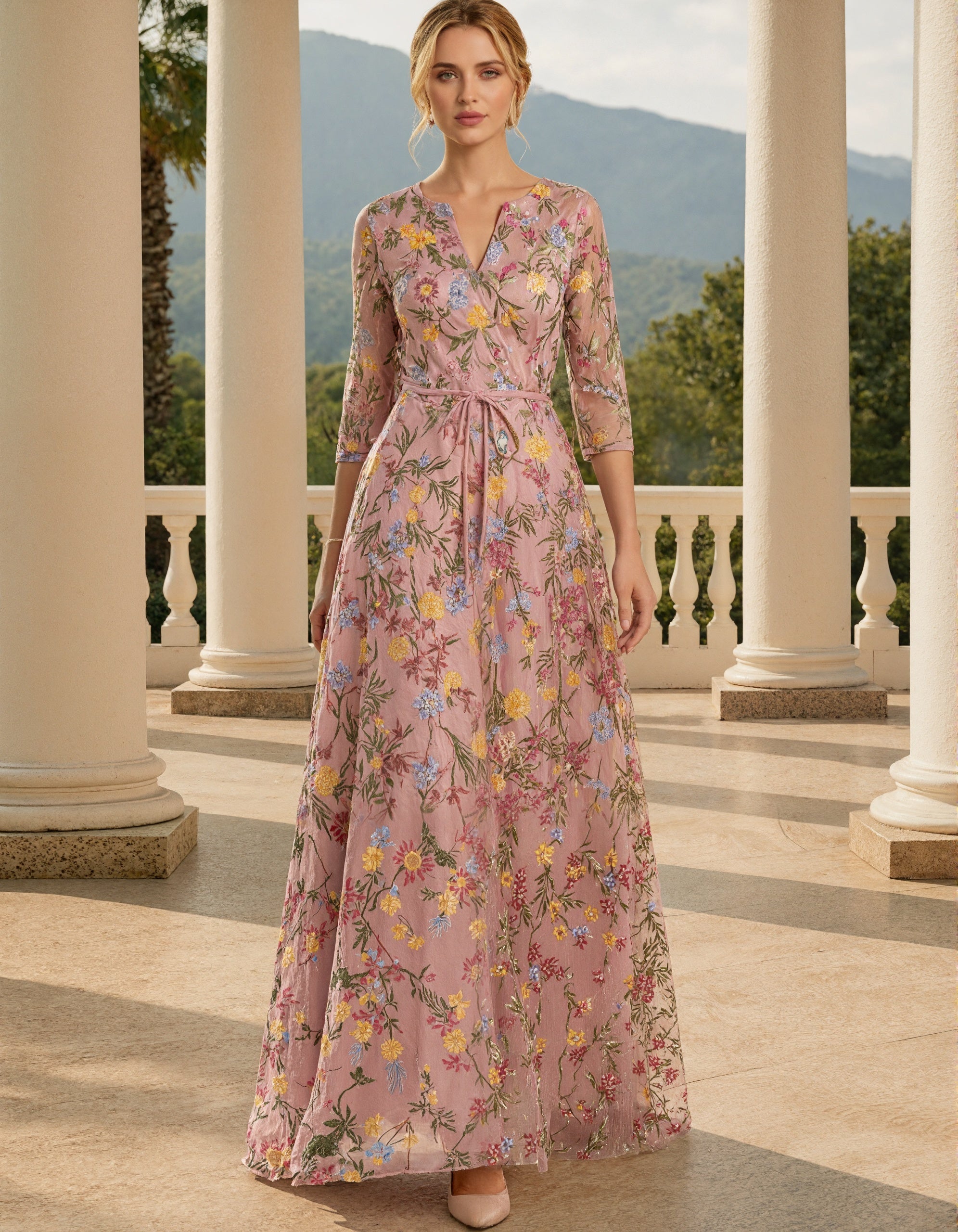 Einfarbiges besticktes Tüll-Maxikleid mit V-Ausschnitt