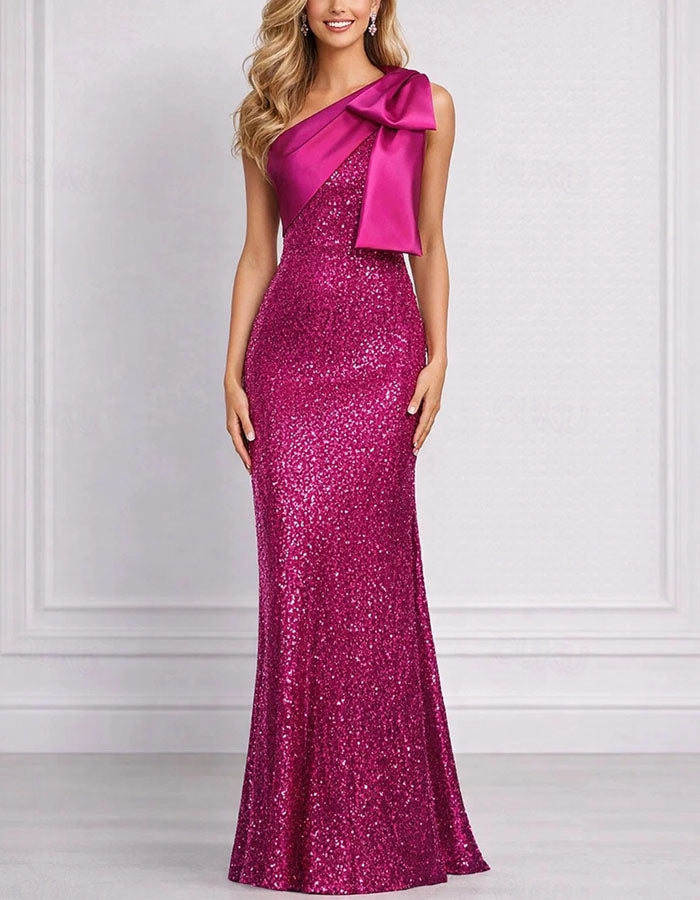 Solid Color Satin Bow Shoulder Sequin Maxi Dress