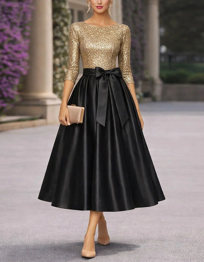 فستان ميدي بأكمام ثلاثة أرباع وتصميم رقع بلونين