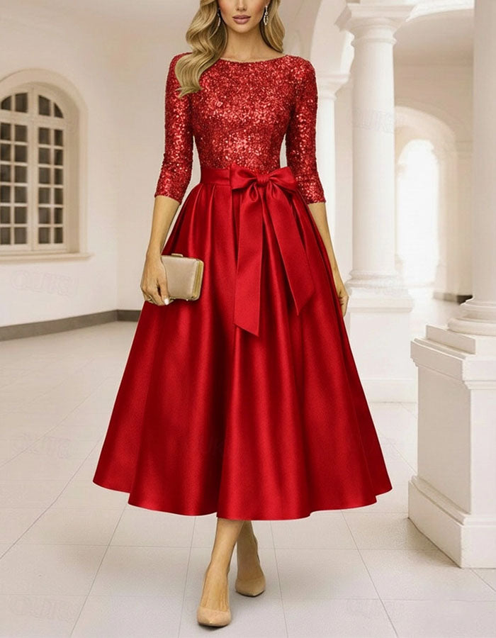 فستان ميدي بأكمام ثلاثة أرباع وتصميم رقع بلونين