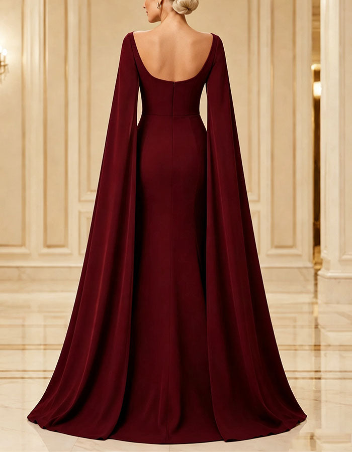 Burgundy Red Boat Collar Shawl Sleeves Maxi Dress