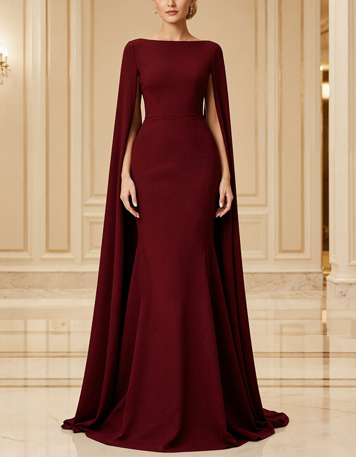 Burgundy Red Boat Collar Shawl Sleeves Maxi Dress