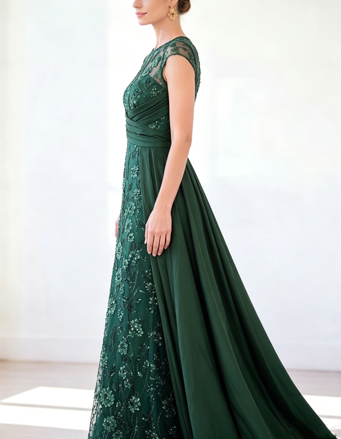 Besticktes Tüll mit Satin Maxikleid