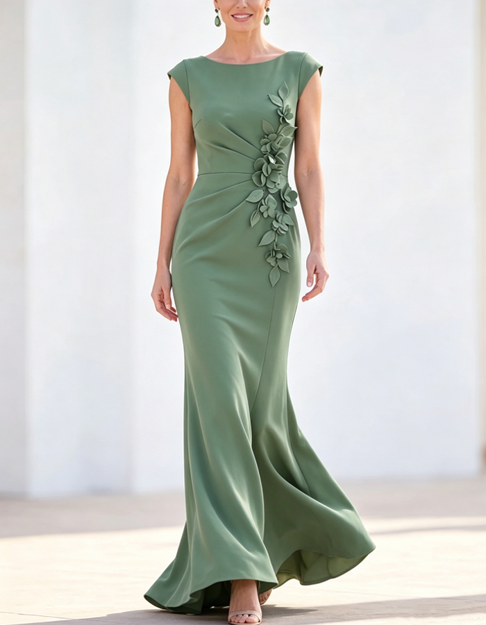 Elegantes bodenlanges Maxikleid mit Bootsausschnitt und 3D-Blumenmuster  