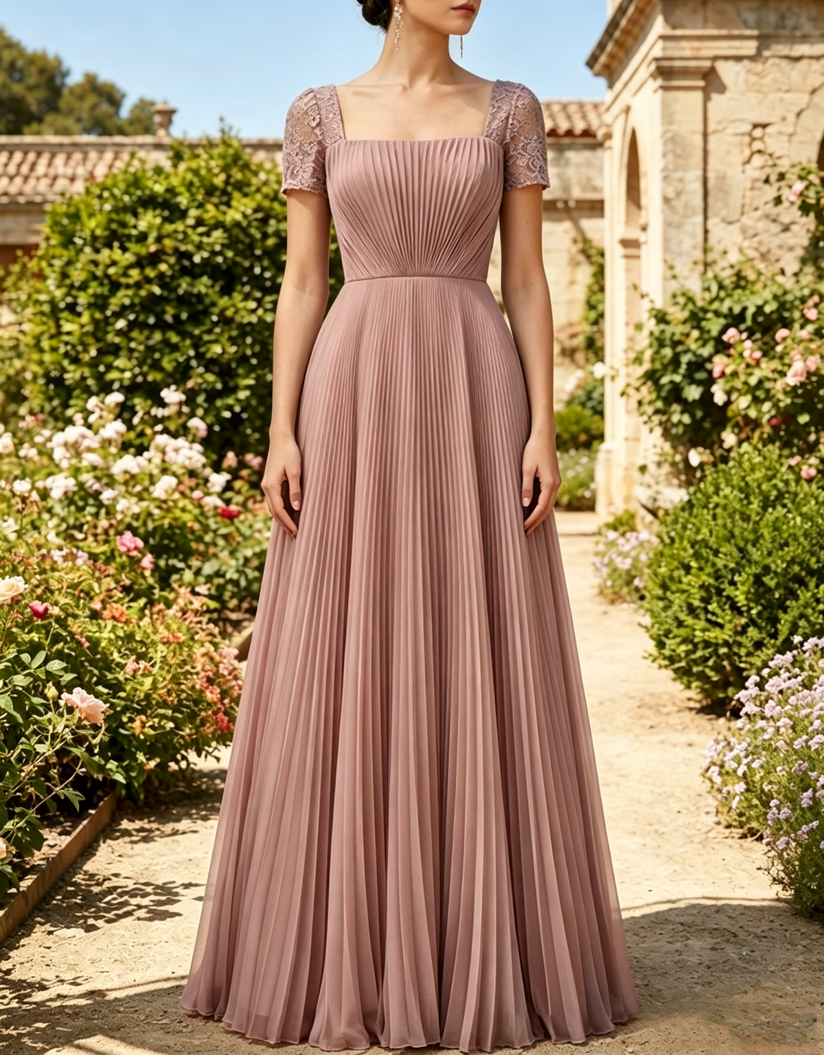 Maxi-jurk met vierkante hals, korte mouwen van kant, geplooide chiffon en A-lijn model