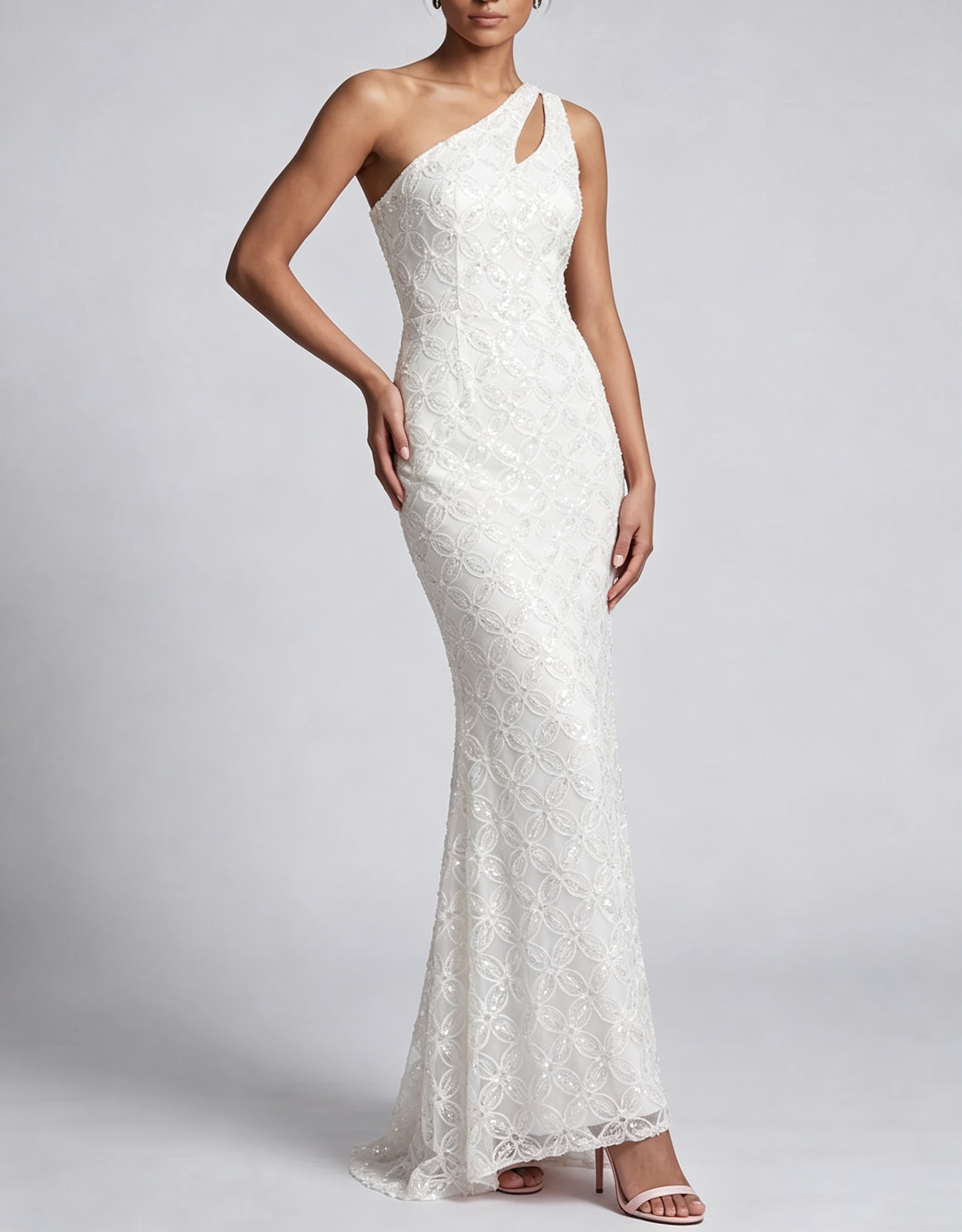 Vestido Maxi Sereia de Tule com Renda, Lantejoulas e Ombro Único Recortado