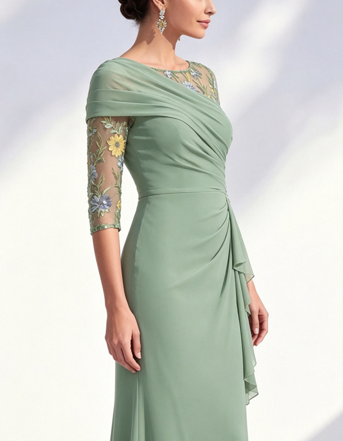 Maxi-jurk van tule chiffon met geborduurde bloemen
