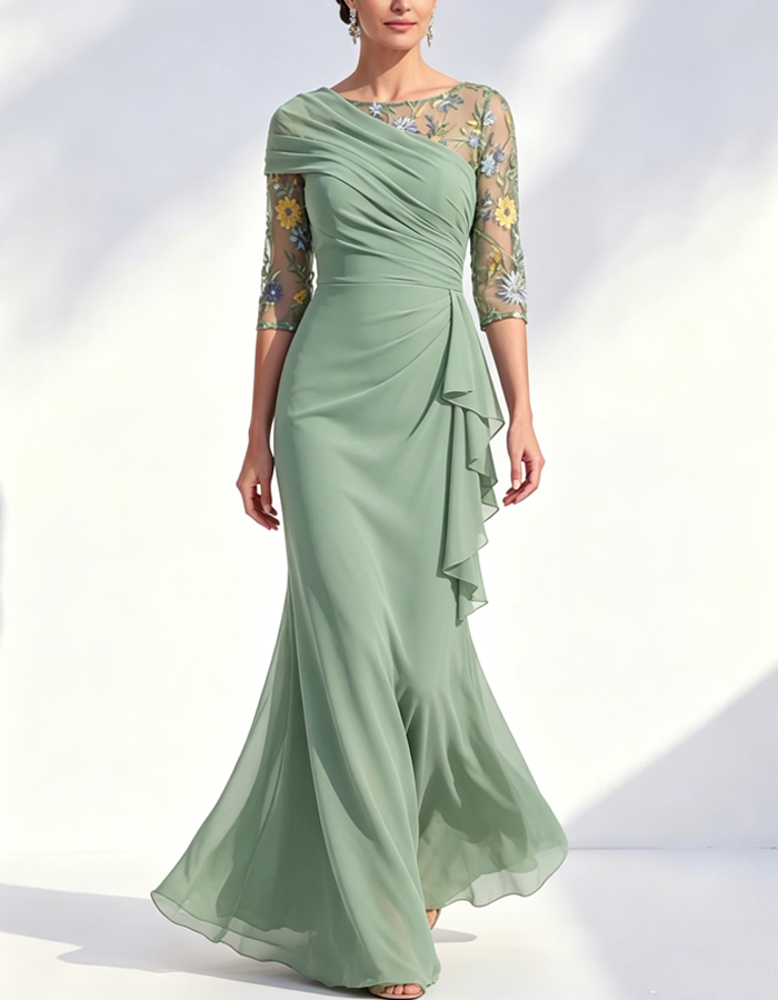 Maxi-jurk van tule chiffon met geborduurde bloemen
