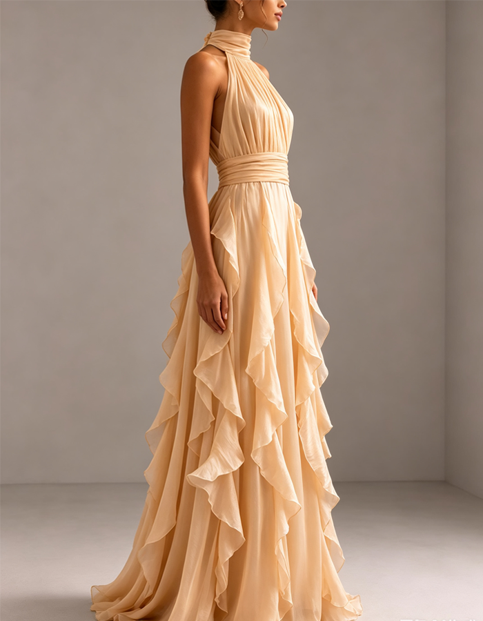 Champagne-colored Backless Sleeveless Chiffon Maxi Dress