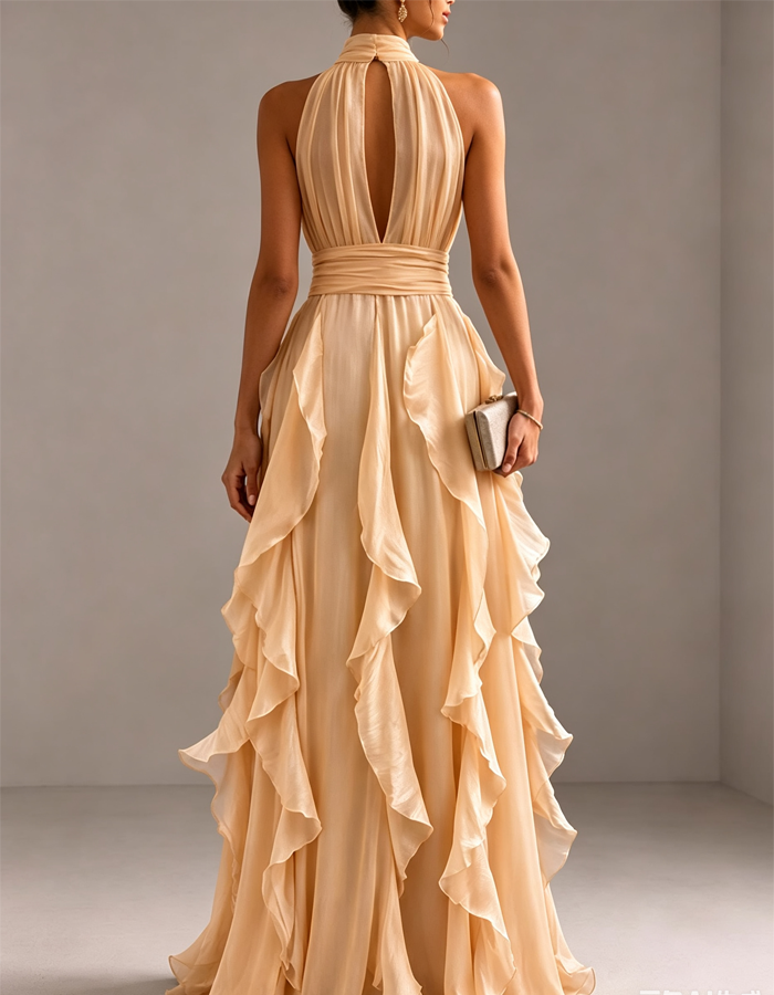 Champagne-colored Backless Sleeveless Chiffon Maxi Dress