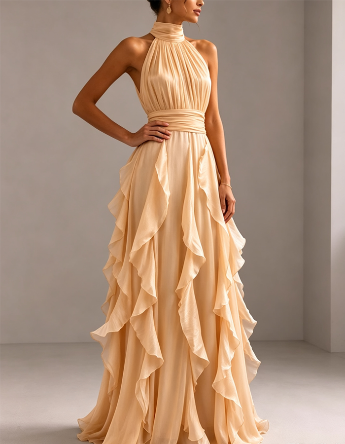 Champagne-colored Backless Sleeveless Chiffon Maxi Dress