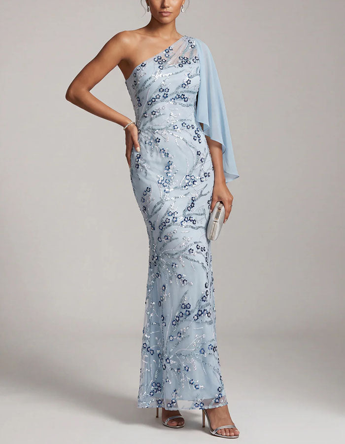 Light Blue One Shoulder Chiffon Sequined Shawl Sleeve Maxi Dress