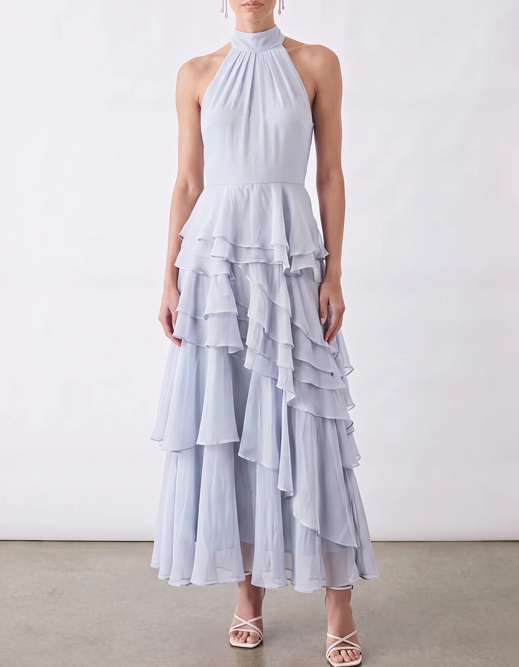 Halter Tie Back Bow Tiered Ruffle Chiffon Midi Dress